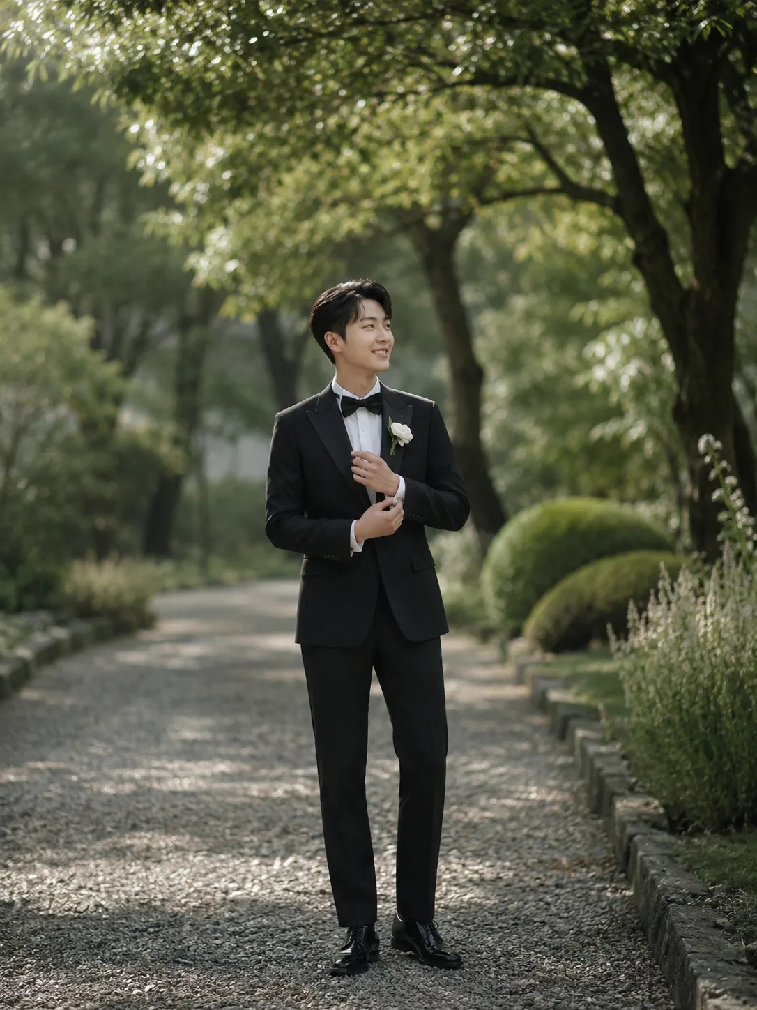 Groom on garden path