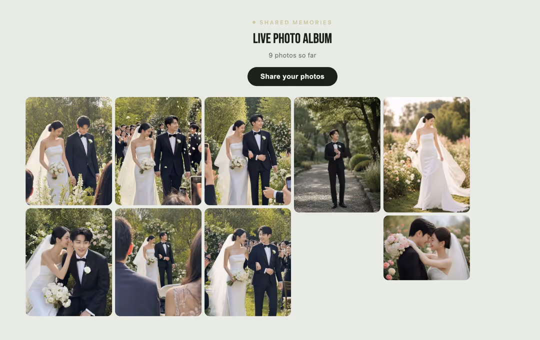 The album fills up while the night is still going: Guests see the live album on the wedding site